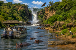 🌊 East Africa River Safaris – Wildlife, Boat Adventures & Scenic Waterways 5 Victoria Nile boat safari in Murchison Falls National Park, Uganda, featuring a safari boat approaching Murchison Falls with hippos in the river, elephants and buffalo along the shoreline, a Nile crocodile, and colorful African birdlife.
