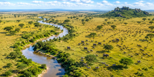Aerial view of East African savanna with elephants, zebras and migrating wildlife beside a winding river