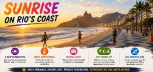🏄 Rio De Janeiro Beach Adventures – Surfing, Swimming & Water Sports 9 Sunrise on Rio de Janeiro’s coast with golden ocean views, surfers, runners and cyclists enjoying the beach and promenade in the early morning.