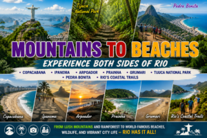 Mountains to Beaches Rio de Janeiro collage featuring Corcovado, Tijuca National Park, Pedra Bonita, Copacabana, Ipanema, Arpoador, Prainha, Grumari, and coastal hiking trails.