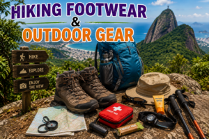⛰️ Pedra Bonita – Hiking, Mountain Views & Paragliding Above Rio 17 Hiking footwear and outdoor gear for Pedra Bonita featuring hiking boots, backpack, trekking poles, sun protection and trail essentials overlooking Rio de Janeiro.