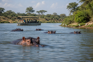 🌊 East Africa River Safaris – Wildlife, Boat Adventures & Scenic Waterways 8 Hippos surfacing in an East African river with a wildlife safari boat in the distance, lush riverbanks, acacia trees, and waterbirds along the shoreline.