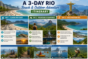 Rio’s Beaches, Coastal Trails & Outdoor Adventures 18 Three-day Rio de Janeiro beach and outdoor adventure itinerary featuring Copacabana, Ipanema, Arpoador, mountain hiking, rainforest trails, western beaches, paddling, sailing, and scenic coastal adventures.