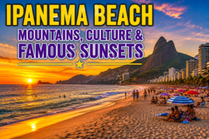 🌊 Best Beaches in Rio De Janeiro – Copacabana, Ipanema& Beyond 3 Ipanema Beach in Rio de Janeiro at sunset with golden sand, Atlantic Ocean waves, beachgoers, colorful umbrellas, city buildings, and dramatic mountains along the coastline.