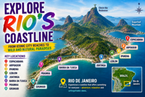 🏄 Rio De Janeiro Beach Adventures – Surfing, Swimming & Water Sports 19 Rio de Janeiro coastline map showing Copacabana, Arpoador, Ipanema, Leblon, Joatinga, Barra da Tijuca, Prainha and Grumari with mountains and Atlantic Ocean scenery.