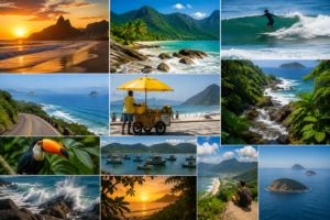 Photography collage of Rio de Janeiro’s hidden coastline featuring tropical beaches, surfers, forest-covered mountains, crashing waves, coastal roads, beach vendors, wildlife, fishing boats, distant islands and scenic ocean viewpoints.