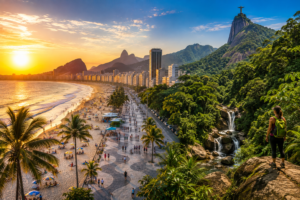 Rio de Janeiro beach and rainforest landscape at sunset, showing the coastline, mountains, tropical forest, waterfall, hiking scenery and Christ the Redeemer.