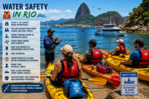 Water safety in Rio infographic showing a guide briefing kayakers wearing life jackets beside colorful kayaks, with safety tips, waterproof gear, a larger boat at a safe distance, and Rio’s mountains in the background.