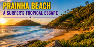 🌊 Best Beaches in Rio De Janeiro – Copacabana, Ipanema& Beyond 8 Prainha Beach in Rio de Janeiro featuring turquoise Atlantic waves, golden sand, rocky coastline, lush tropical vegetation, palm trees, and forest-covered hills at sunset.