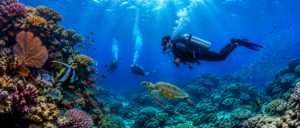Scuba divers exploring a colorful coral reef in Egypt’s Red Sea with tropical fish, a sea turtle, clear blue water, and vibrant marine life.