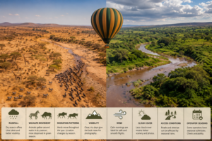 East Africa aerial safari showing dry and green seasons with wildlife, rivers and a hot air balloon