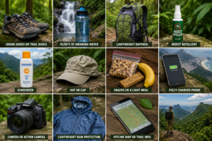 Collage of essential gear to bring for hiking and exploring Tijuca National Park, including trail shoes, water, daypack, insect repellent, sunscreen, hat, snacks, phone, camera, rain jacket and trail map.