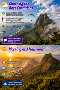 ⛰️ Pedra Bonita – Hiking, Mountain Views & Paragliding Above Rio 10 Pedra Bonita weather conditions and golden-hour views showing clouds, mountains, Rio’s coastline and paragliding above the Atlantic Forest.