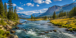 Two hikers explore a scenic Yellowstone National Park trail overlooking majestic waterfalls, crystal-clear lakes, evergreen forests, rugged mountain peaks, and breathtaking wilderness landscapes beneath a bright blue sky.