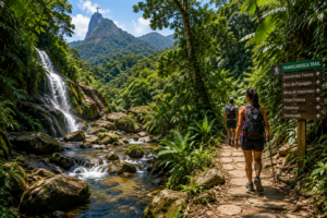 Hikers following the Transcarioca Trail through Tijuca National Park beside a rainforest waterfall and rocky forest stream in Rio de Janeiro.