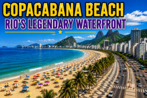 🌊 Best Beaches in Rio De Janeiro – Copacabana, Ipanema& Beyond 2 Copacabana Beach in Rio de Janeiro featuring golden sand, turquoise Atlantic water, colorful beach umbrellas, palm trees, the famous wave-pattern promenade, beachfront buildings, and green mountains.