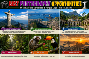 Colorful Best Photography Opportunities collage featuring Christ the Redeemer, panoramic views from Corcovado, Parque Lage, tropical rainforest, Rio wildlife, and a golden sunset over Rio de Janeiro.