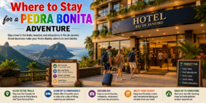⛰️ Pedra Bonita – Hiking, Mountain Views & Paragliding Above Rio 16 Hotel near Pedra Bonita in Rio de Janeiro with travelers arriving, surrounded by tropical scenery, mountains and views across the city.