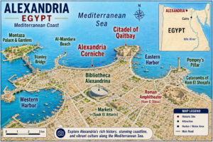 Illustrated map of Alexandria, Egypt, along the Mediterranean Sea showing the Alexandria Corniche, Citadel of Qaitbay, Bibliotheca Alexandrina, Montaza Palace and Gardens, Stanley Bridge, Roman Amphitheater at Kom El Dikka, Catacombs of Kom El Shoqafa, Pompey’s Pillar, Eastern and Western Harbors, beaches, and markets.