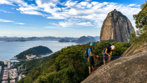🚠 Sugarloaf Mountain & Urca – Trails, Beaches & Guanabara Bay 11 Rock climbers on a granite mountainside overlooking Sugarloaf Mountain and Guanabara Bay in Rio de Janeiro, Brazil.