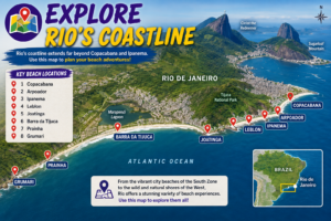 🏄 Rio De Janeiro Beach Adventures – Surfing, Swimming & Water Sports 17 Map of Rio de Janeiro’s coastline showing Copacabana, Arpoador, Ipanema, Leblon, Joatinga, Barra da Tijuca, Prainha and Grumari beaches along the Atlantic Ocean.