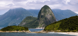 Panoramic mountain and coastal views near Pedra Bonita and Tijuca National Park in Rio de Janeiro, Brazil.