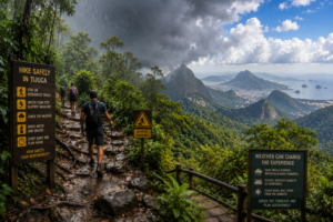 Hikers navigating a wet rainforest trail in Tijuca National Park as changing weather moves across Rio de Janeiro’s mountains and coastline.