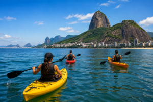 Three people kayaking along Rio de Janeiro’s coastline with blue water, dramatic green mountains and the city skyline in the background.
