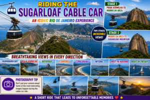 🚠 Sugarloaf Mountain & Urca – Trails, Beaches & Guanabara Bay 5 Sugarloaf Mountain cable car collage showing the two-stage ride above Rio de Janeiro, with views of Guanabara Bay, Praia Vermelha, Botafogo, Flamengo, Copacabana, Niterói, Christ the Redeemer and boats on the bay.