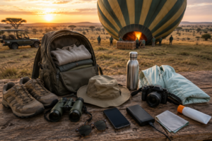 Aerial safari essentials with backpack, shoes, hat, binoculars, camera and lightweight clothing beside a hot air balloon