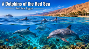Dolphins swimming in Egypt’s Red Sea above colorful coral reefs and tropical fish, with clear blue water, boats, beaches, and desert mountains.