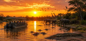 🌊 East Africa River Safaris – Wildlife, Boat Adventures & Scenic Waterways 7 Sunset boat safari on Tanzania’s Rufiji River featuring a safari boat, golden-orange water, hippos, elephants, giraffes, a crocodile, and African birds surrounded by Nyerere National Park wilderness.
