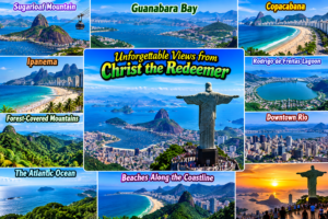 ✝️ Christ the Redeemer – Rio’s Famous Mountaintop Landmark 2 Colorful collage of views from Christ the Redeemer featuring Sugarloaf Mountain, Guanabara Bay, Copacabana, Ipanema, Rodrigo de Freitas Lagoon, downtown Rio, forest-covered mountains, and the Atlantic Ocean.