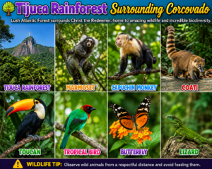 ✝️ Christ the Redeemer – Rio’s Famous Mountaintop Landmark 5 Colorful eight-image collage of Tijuca Rainforest and wildlife near Corcovado, featuring Christ the Redeemer, a marmoset, capuchin monkey, coati, toucan, tropical bird, butterfly, and lizard.