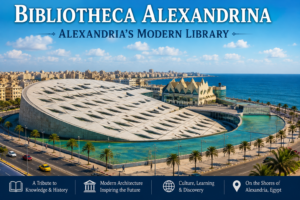 Bibliotheca Alexandrina in Alexandria, Egypt, featuring its distinctive modern circular architecture beside the Mediterranean Sea, surrounded by palm trees, reflecting pools, and the Alexandria waterfront.