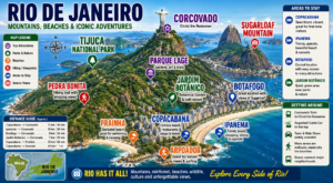 Wide Rio de Janeiro travel map showing Corcovado, Christ the Redeemer, Sugarloaf Mountain, Tijuca National Park, Parque Lage, Jardim Botânico, Pedra Bonita, Botafogo, Copacabana, Ipanema, Arpoador, and Prainha.