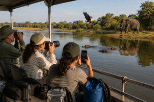 🌊 East Africa River Safaris – Wildlife, Boat Adventures & Scenic Waterways 12 Wildlife photographers aboard an East Africa safari boat using a telephoto camera, binoculars, and smartphone to photograph elephants, hippos, and an African fish eagle along a scenic river.