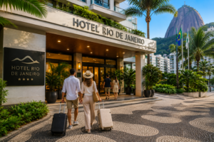 Travelers with luggage walking toward the entrance of a tropical Rio de Janeiro hotel surrounded by palm trees and mountain scenery.