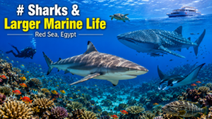 Sharks and larger marine life in Egypt’s Red Sea with a whale shark, manta ray, sea turtle, scuba diver, tropical fish, and colorful coral reefs.