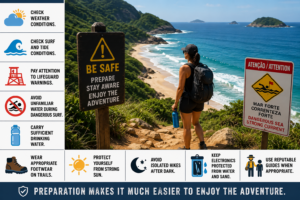 Beach and trail safety guide for Rio de Janeiro showing a hiker overlooking a secluded beach with warnings for weather, surf, tides, strong currents, hydration, sun protection, proper footwear and safe hiking.