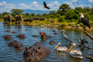 🌊 East Africa River Safaris – Wildlife, Boat Adventures & Scenic Waterways 4 Kazinga Channel wildlife scene in Uganda featuring hippos in the water, elephants and buffalo along the shoreline, antelope, African fish eagles, kingfishers, pelicans, herons, storks, and other waterbirds.
