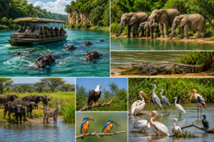 🌊 East Africa River Safaris – Wildlife, Boat Adventures & Scenic Waterways 2 East Africa river safari wildlife collage featuring a safari boat among hippos, elephants drinking along the shoreline, a Nile crocodile, buffalo, antelope, African fish eagle, colorful kingfishers, pelicans, herons, storks, and other waterbirds.