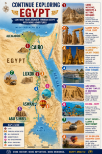 Tall Egypt travel map showing Alexandria, Cairo and Giza, Luxor and Karnak Temple, Nile River cruise route to Aswan, Abu Simbel and Lake Nasser, Red Sea adventures, Sahara and White Desert safaris, and hot air balloon rides over Luxor.