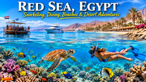 Red Sea Egypt snorkeling adventure with colorful coral reefs, tropical fish, sea turtle, clear blue water, boats, beaches, palm trees, and desert mountains.