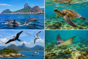 Wildlife collage showing dolphins, a sea turtle, frigatebirds and other seabirds, a ray, and tropical fish in the coastal waters around Rio de Janeiro.