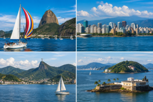 Four-image collage of sailing across Guanabara Bay in Rio de Janeiro featuring a colorful sailboat near Sugarloaf Mountain, Rio’s waterfront skyline, Christ the Redeemer in the distance, and coastal islands and fort scenery.