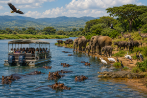 🌊 East Africa River Safaris – Wildlife, Boat Adventures & Scenic Waterways 3 Kazinga Channel river safari in Queen Elizabeth National Park, Uganda, featuring a covered safari boat surrounded by hippos, with elephants, buffalo, waterbuck, crocodiles, African fish eagles, and waterbirds along the shoreline.