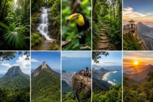 10-image collage showcasing photography in Tijuca National Park, including tropical rainforest, waterfalls, wildlife, jungle trails, mountain peaks, scenic viewpoints and Rio coastline views.