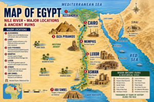 Illustrated map of Egypt showing the Nile River and major locations including Alexandria, Cairo, Giza, Memphis, Luxor, Aswan, Abu Simbel, the Red Sea, Lake Nasser, and important ancient ruins and temples.