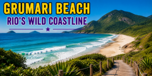 🌊 Best Beaches in Rio De Janeiro – Copacabana, Ipanema& Beyond 9 Grumari Beach in Rio de Janeiro featuring turquoise Atlantic Ocean waves, a wide sandy shoreline, lush tropical vegetation, forest-covered mountains, rocky coastal scenery, and a wooden pathway.